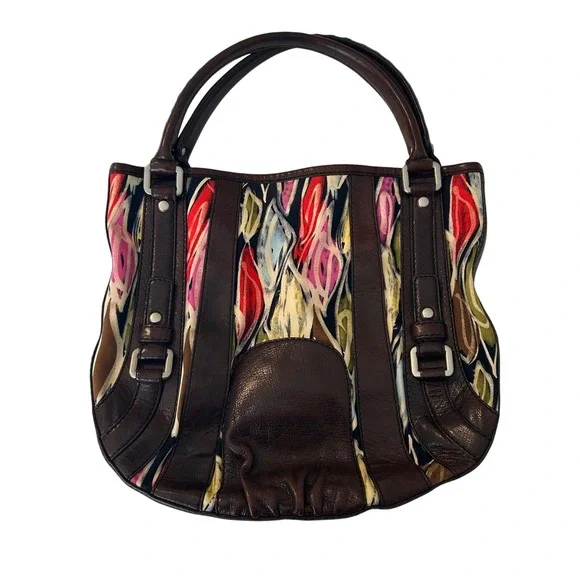 Vintage Fossil Fifty Four Brown Italian Leather & Tapestry Bag Artisan Boho - Picture 1 of 7